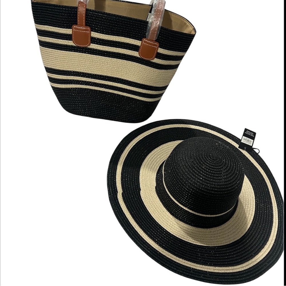 1378. Striped Black and Cream Tote Bag and Matching Sun Hat - Picture 2 of 6